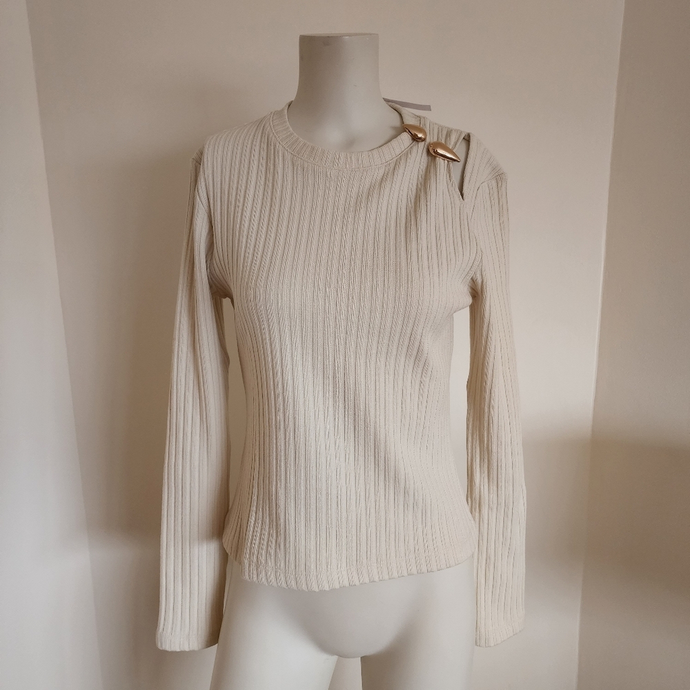 Brand New With Tags Anthropologie Cut Out Ribbed Long-Sleeve Top with Gold Pin